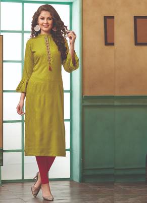 Olive Rayon Embroidered Long Kurtis 1