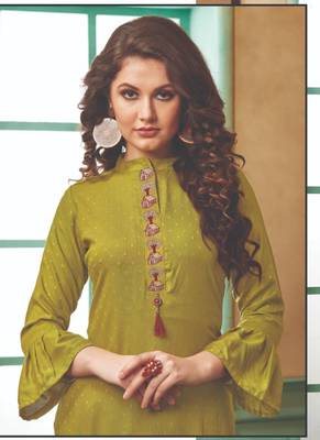 Olive Rayon Embroidered Long Kurtis 2
