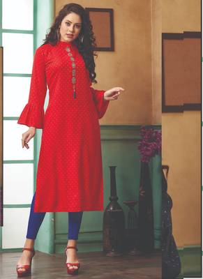 Red Rayon Embroidered Long Kurtis 1