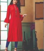 Red Rayon Embroidered Long Kurtis