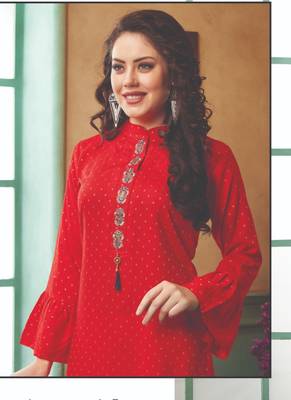 Red Rayon Embroidered Long Kurtis 2