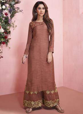 Brown Rayon Embroidered Kurtas And Kurtis 1