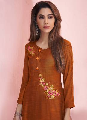 Mustard Rayon Embroidered Kurtas And Kurtis 3