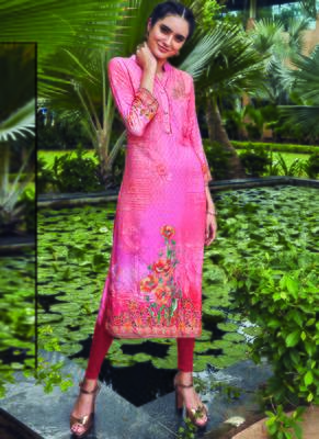 Pink Rayon Embroidered Long Kurtis 1