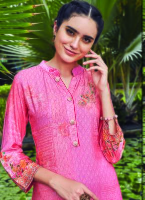 Pink Rayon Embroidered Long Kurtis 2