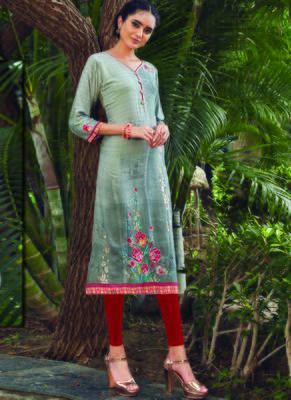 Grey Rayon Embroidered Long Kurtis 1