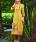 Yellow Rayon Embroidered Long Kurtis