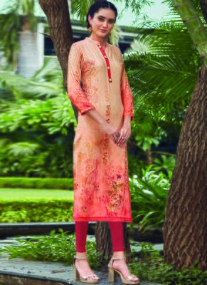 Peach Rayon Embroidered Long Kurtis 1