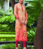 Peach Rayon Embroidered Long Kurtis