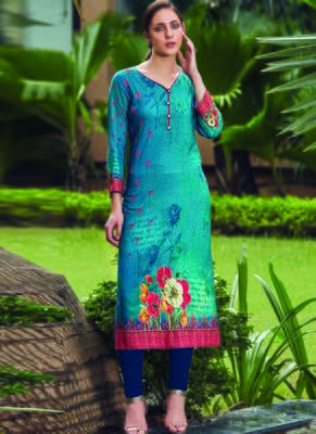 Light Blue Rayon Embroidered Long Kurtis 1
