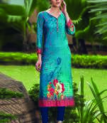 Light Blue Rayon Embroidered Long Kurtis