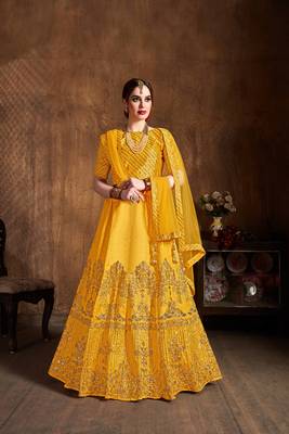 Exotic Yellow Zari Embroidered Art Silk Designer Lehenga For Wedding 1