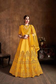 Exotic Yellow Zari Embroidered Art Silk Designer Lehenga For Wedding