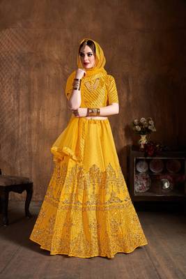Exotic Yellow Zari Embroidered Art Silk Designer Lehenga For Wedding 4