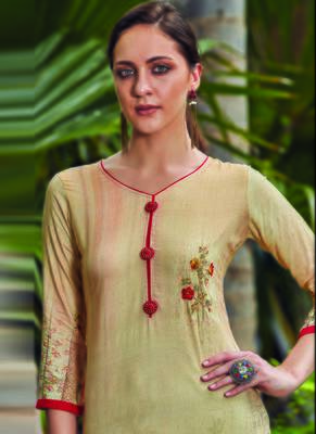 Beige Rayon Embroidered Long Kurtis 2