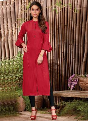Red Rayon Hand Woven Long Kurtis 1