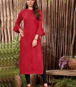 Red Rayon Hand Woven Long Kurtis