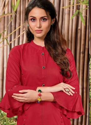 Red Rayon Hand Woven Long Kurtis 2