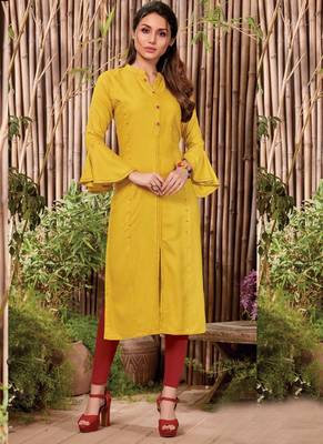Yellow Rayon Hand Woven Long Kurtis 1