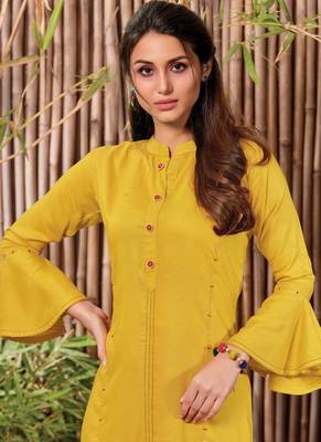 Yellow Rayon Hand Woven Long Kurtis 2