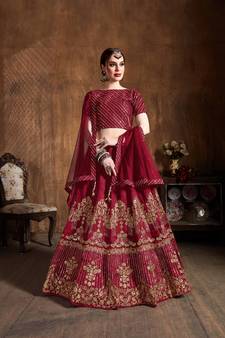 Red Embroidered Silk Semi Stitched Lehenga