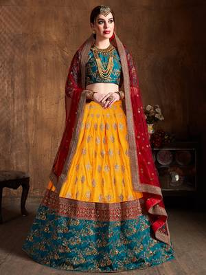 yellow and green embroidered art silk wedding lehenga set choli with dupatta for women 1
