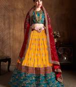 Yellow And Green Embroidered Art Silk Wedding Designer Lehenga Choli For Women