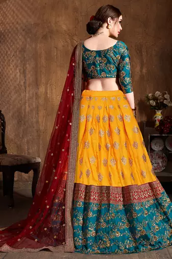 yellow and green embroidered art silk wedding lehenga set choli with dupatta for women