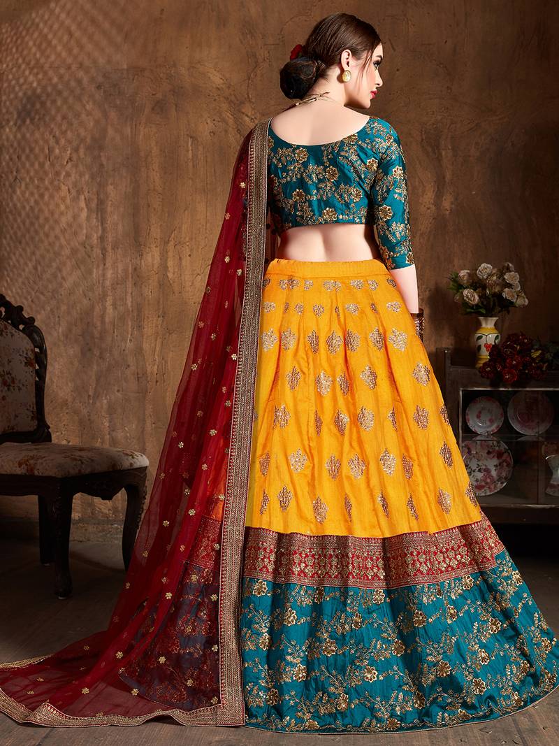 Yellow And Green Embroidered Art Silk Wedding Designer Lehenga Choli For Women