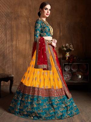yellow and green embroidered art silk wedding lehenga set choli with dupatta for women 3
