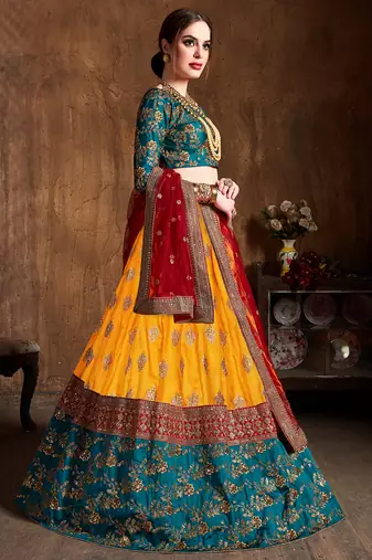 yellow and green embroidered art silk wedding lehenga set choli with dupatta for women