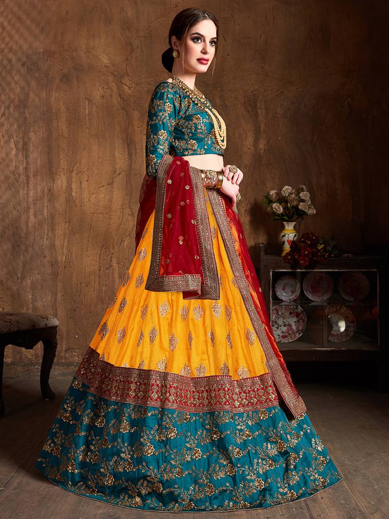 Yellow And Green Embroidered Art Silk Wedding Designer Lehenga Choli For Women