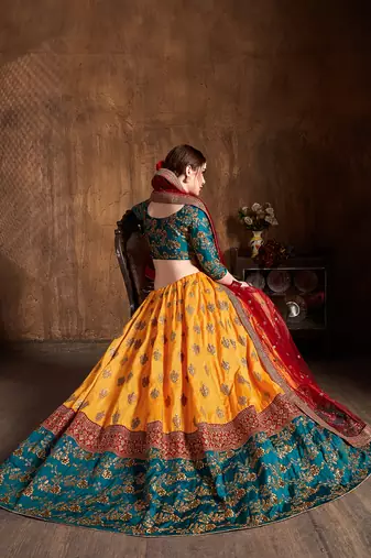 yellow and green embroidered art silk wedding lehenga set choli with dupatta for women