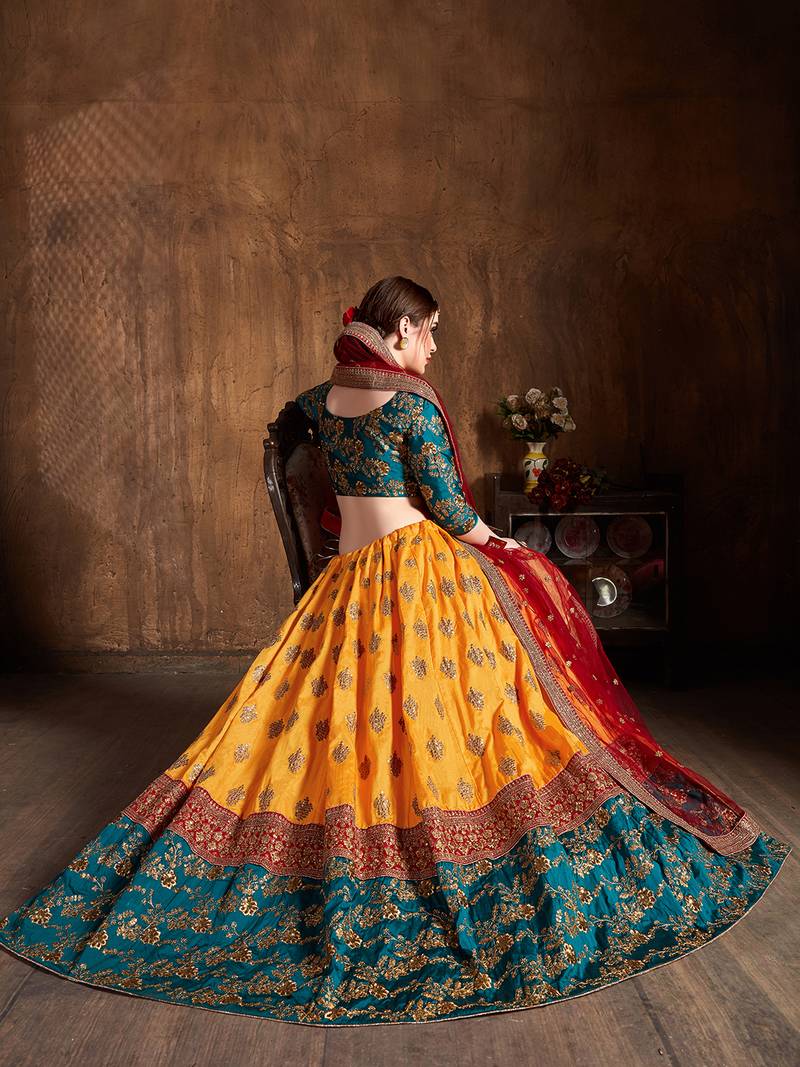 Yellow And Green Embroidered Art Silk Wedding Designer Lehenga Choli For Women