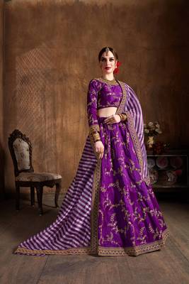 Unique Purple Embroidered Art Silk Wedding Designer Lehenga Choli With Dupatta 5
