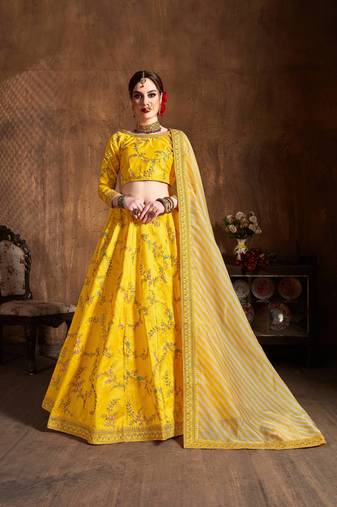 Yellow Embroidered Silk Semi Stitched Lehenga