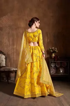 yellow embroidered silk lehenga