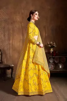 yellow embroidered silk lehenga