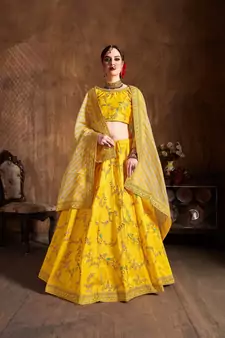yellow embroidered silk lehenga