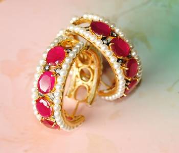 Ruby Studded Gold Hoop Earrings 2