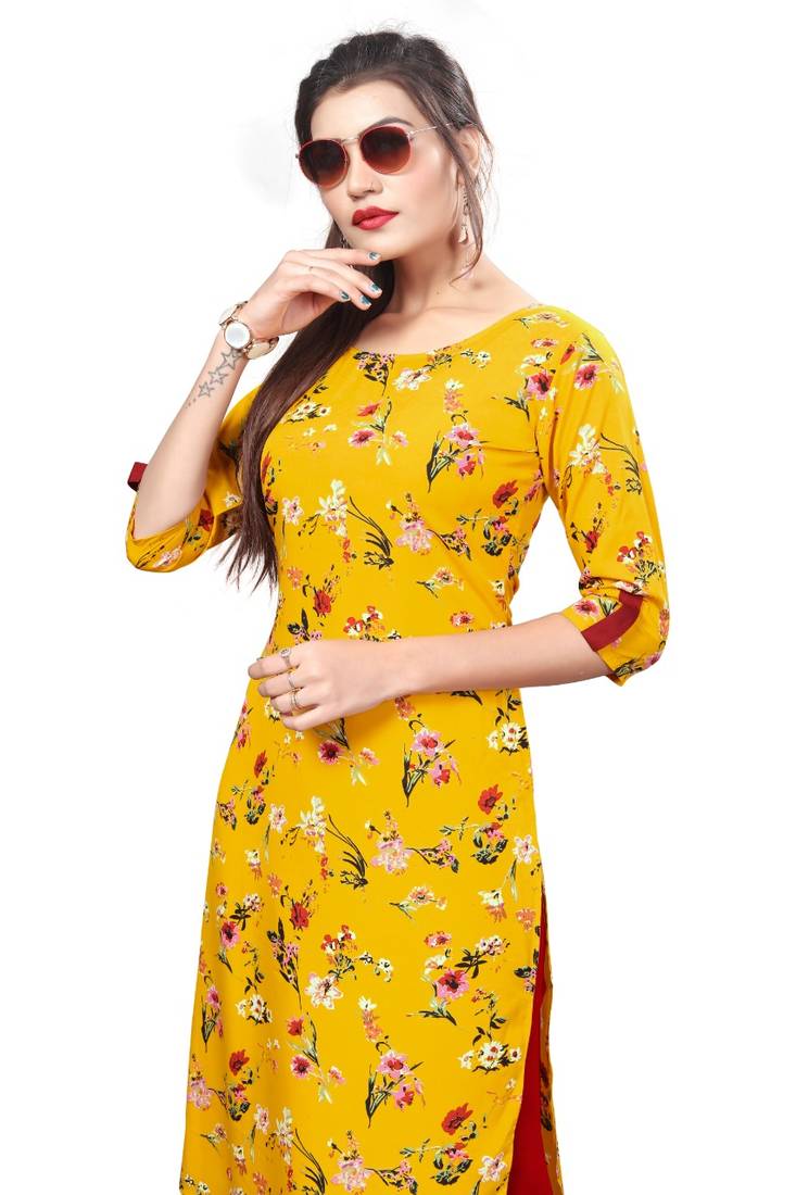 Yellow Printed Crepe Kurti