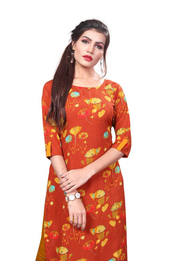 Orange Printed Crepe Kurti