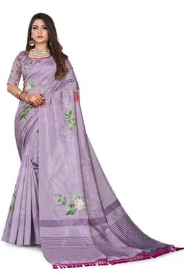 Purple printed art silk saree with blouse 1