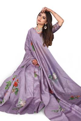 Purple printed art silk saree with blouse 2