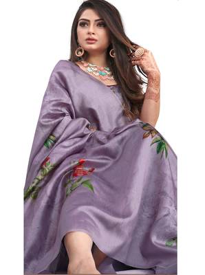 Purple printed art silk saree with blouse 3