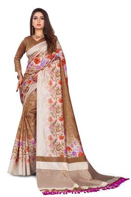 Beige printed art silk saree with blouse 1