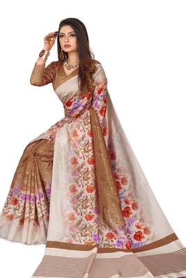 Beige printed art silk saree with blouse 2