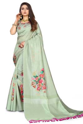 Light green printed art silk saree with blouse 1
