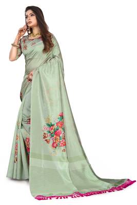 Light green printed art silk saree with blouse 2