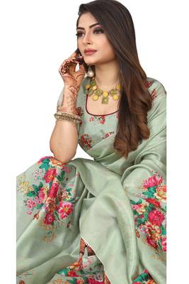 Light green printed art silk saree with blouse 3